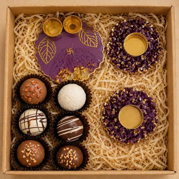 Mini resin thali,set of 2 crystal Diya with chocolate combo