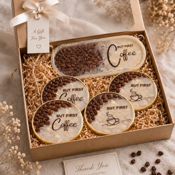 Real Coffee Beans Tray With 4 Coaster set